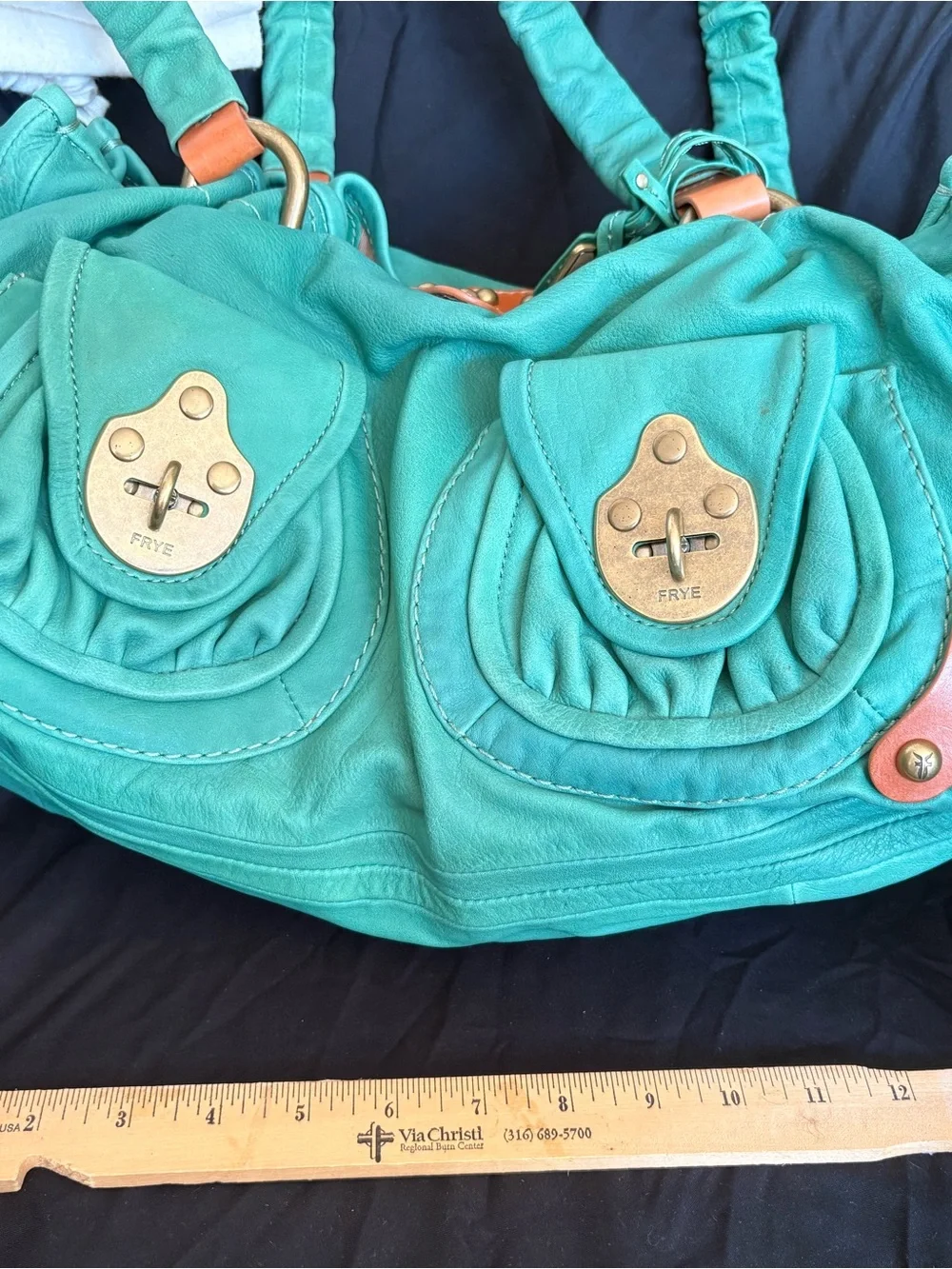 RARE Y2K Frye Turquoise Leather Ruched-Handle Shoulder Bag with Brass Hardware